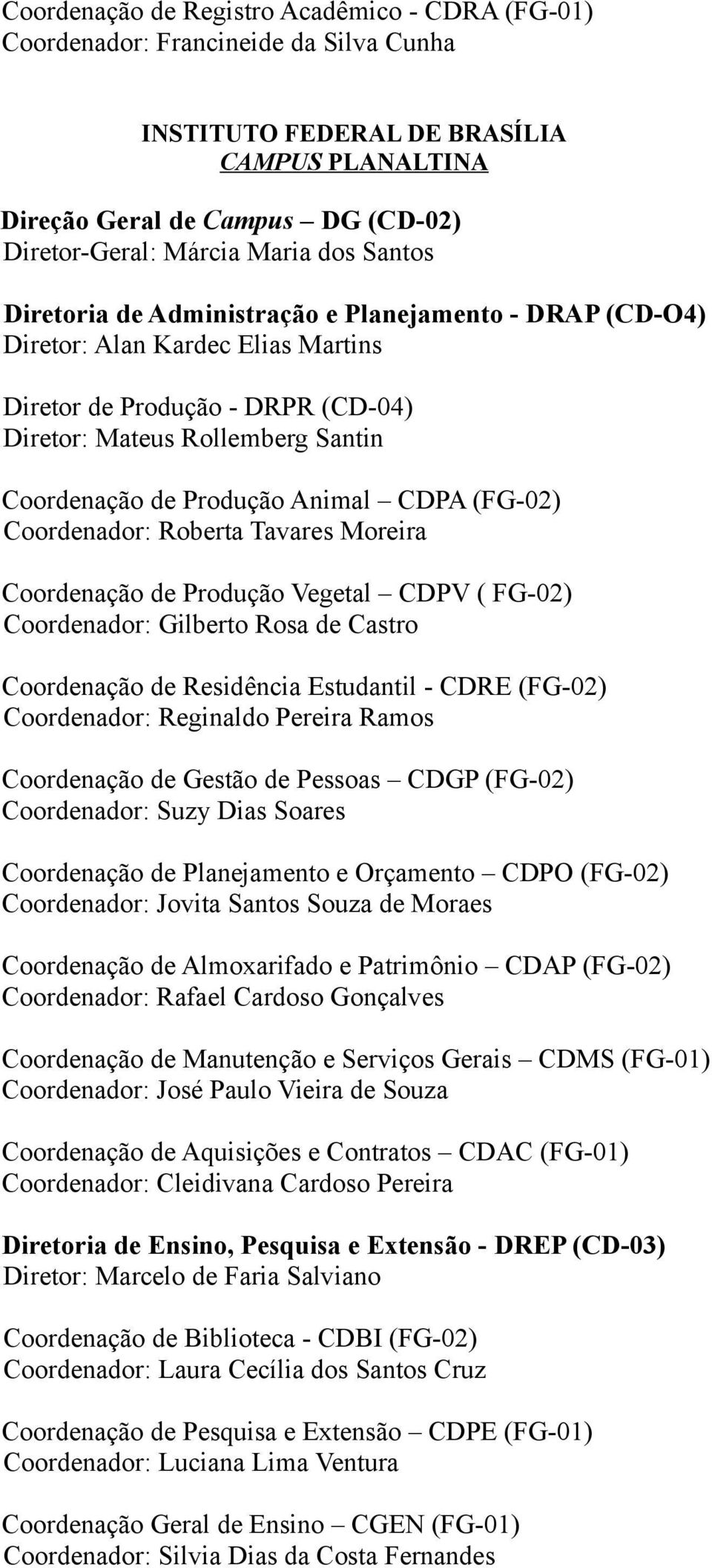 Animal CDPA (FG-02) Coordenador: Roberta Tavares Moreira Coordenação de Produção Vegetal CDPV ( FG-02) Coordenador: Gilberto Rosa de Castro Coordenação de Residência Estudantil - CDRE (FG-02)