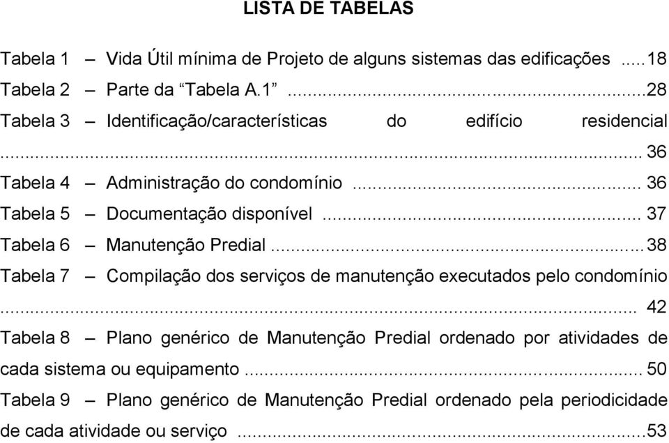 .. 38 Tabela 7 Compilação dos serviços de manutenção executados pelo condomínio.