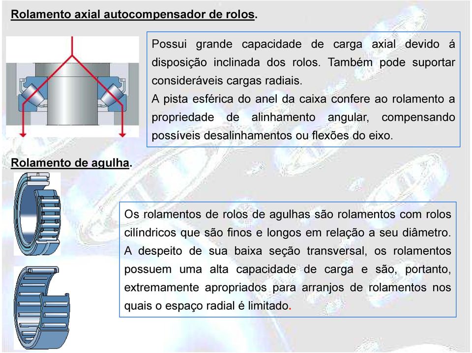 A pista esférica do anel da caixa confere ao rolamento a propriedade de alinhamento angular, compensando possíveis desalinhamentos ou flexões do eixo.