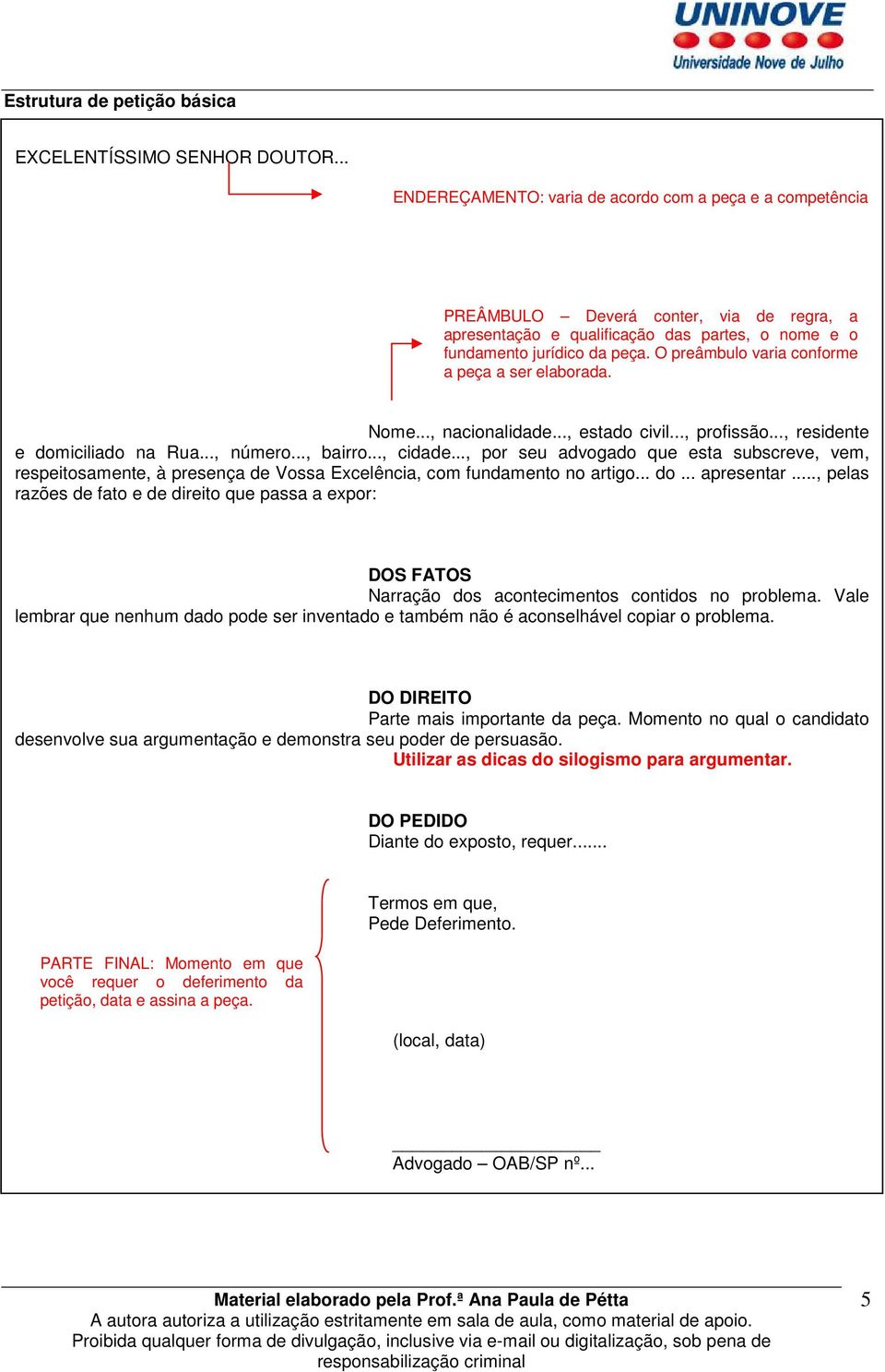 O preâmbulo varia conforme a peça a ser elaborada. Nome..., nacionalidade..., estado civil..., profissão..., residente e domiciliado na Rua..., número..., bairro..., cidade.