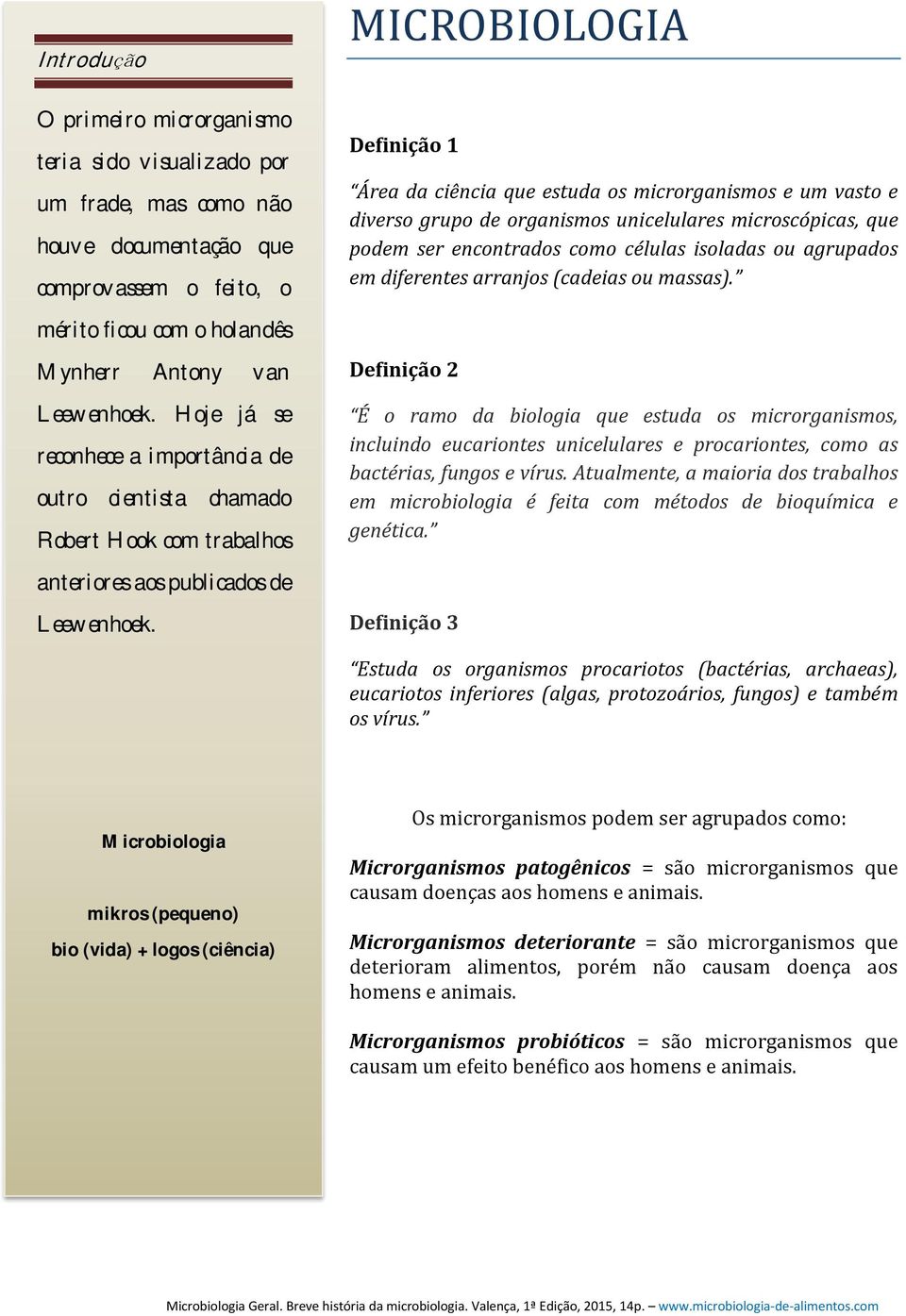 MICROBIOLOGIA Definição 1 Área da ciência que estuda os microrganismos e um vasto e diverso grupo de organismos unicelulares microscópicas, que podem ser encontrados como células isoladas ou