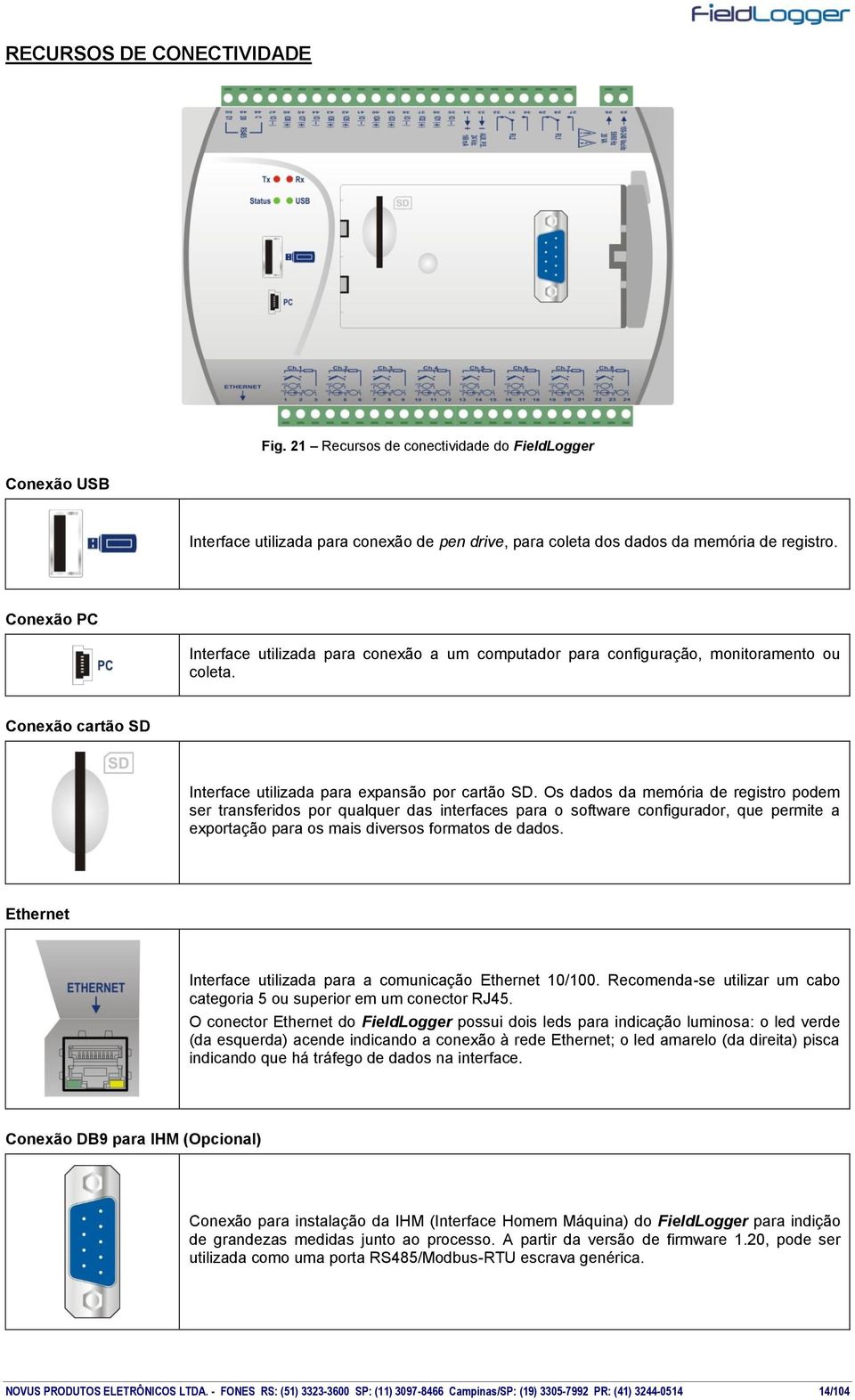 Os dados da memória de registro podem ser transferidos por qualquer das interfaces para o software configurador, que permite a exportação para os mais diversos formatos de dados.