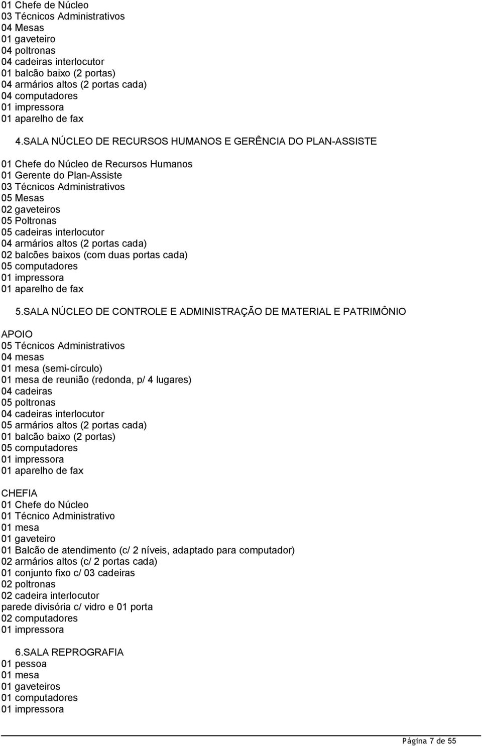 SALA NÚCLEO DE RECURSOS HUMANOS E GERÊNCIA DO PLAN-ASSISTE 01 Chefe do Núcleo de Recursos Humanos 01 Gerente do Plan-Assiste 03 Técnicos Administrativos 05 Mesas 02 gaveteiros 05 Poltronas 05