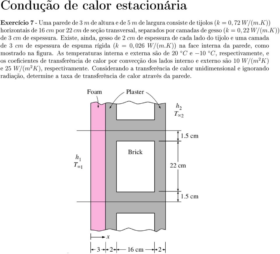 Existe, ainda, gesso de 2 cm de espessura de cada lado do tijolo e uma camada de 3 cm de espessura de espuma rígida (k = 0, 026 W/(m.K)) na face interna da parede, como mostrado na gura.