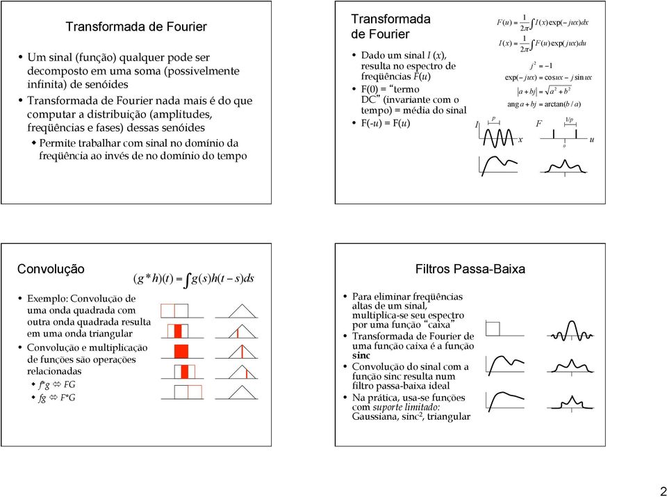 freqüências F(u) F(0) = termo DC (invariante com o tempo) = média do sinal F(-u) = F(u) I 1 F( u) = 2π 1 I( x) = 2π I( x)exp( jux) dx F( u)exp( jux) du 2 j = 1 exp( jux) = cosux j sin ux a + bj = 2 2