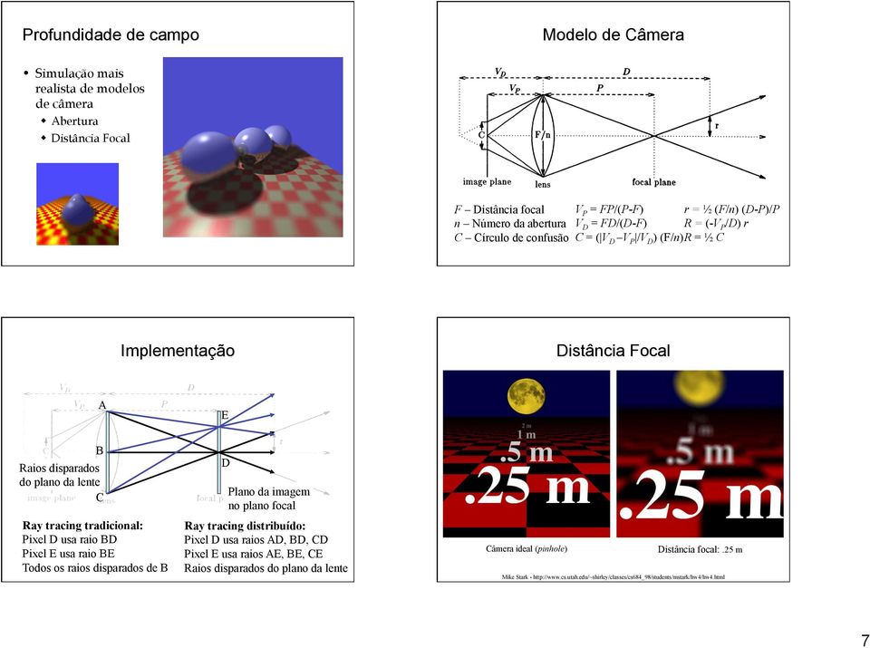 tradicional: Pixel D usa raio BD Pixel E usa raio BE Todos os raios disparados de B D Plano da imagem no plano focal Ray tracing distribuído: Pixel D usa raios AD, BD, CD Pixel E usa
