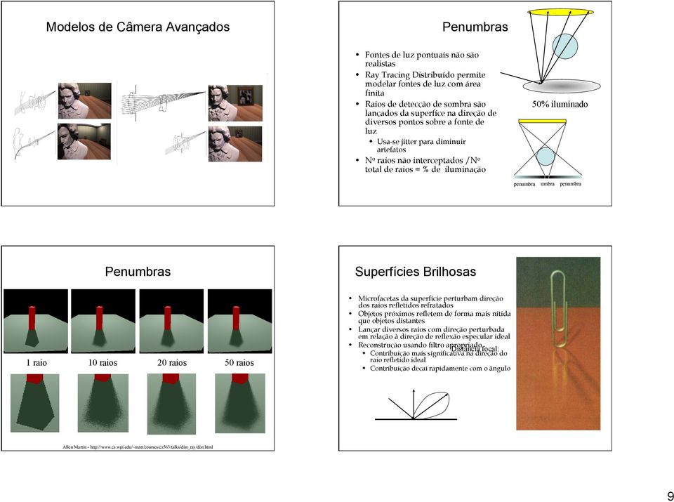 penumbra Penumbras Superfícies Brilhosas 1 raio 10 raios 20 raios 50 raios Microfacetas da superfície perturbam direção dos raios refletidos refratados Objetos próximos refletem de forma mais nítida