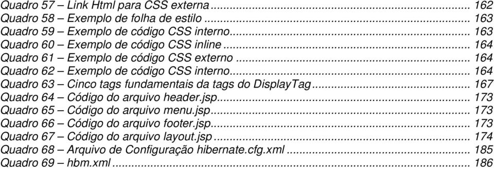 .. 164 Quadro 63 Cinco tags fundamentais da tags do DisplayTag... 167 Quadro 64 Código do arquivo header.jsp... 173 Quadro 65 Código do arquivo menu.