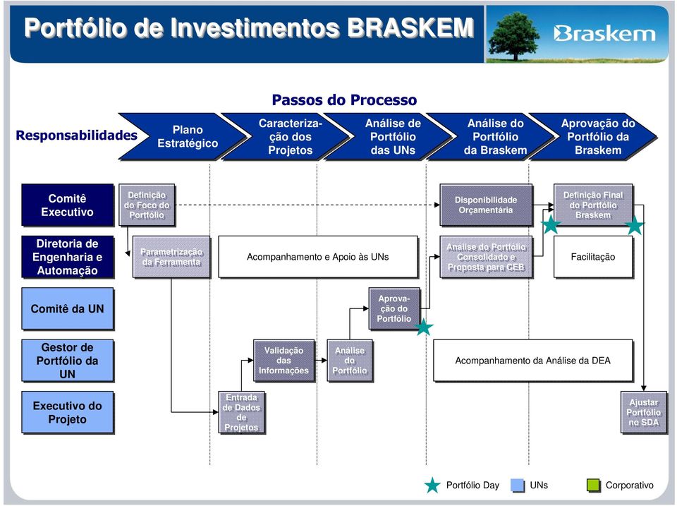 Parametrização da Ferramenta Acompanhamento e Apoio às UNs Análise do Portfólio Consolidado e Proposta para CEB Facilitação Comitê da UN Aprovação do Portfólio Gestor de Portfólio da