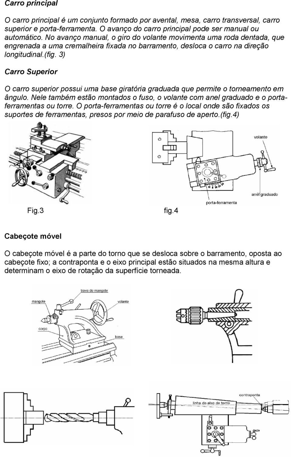 3) Carro Superior O carro superior possui uma base giratória graduada que permite o torneamento em ângulo. Nele também estão montados o fuso, o volante com anel graduado e o portaferramentas ou torre.