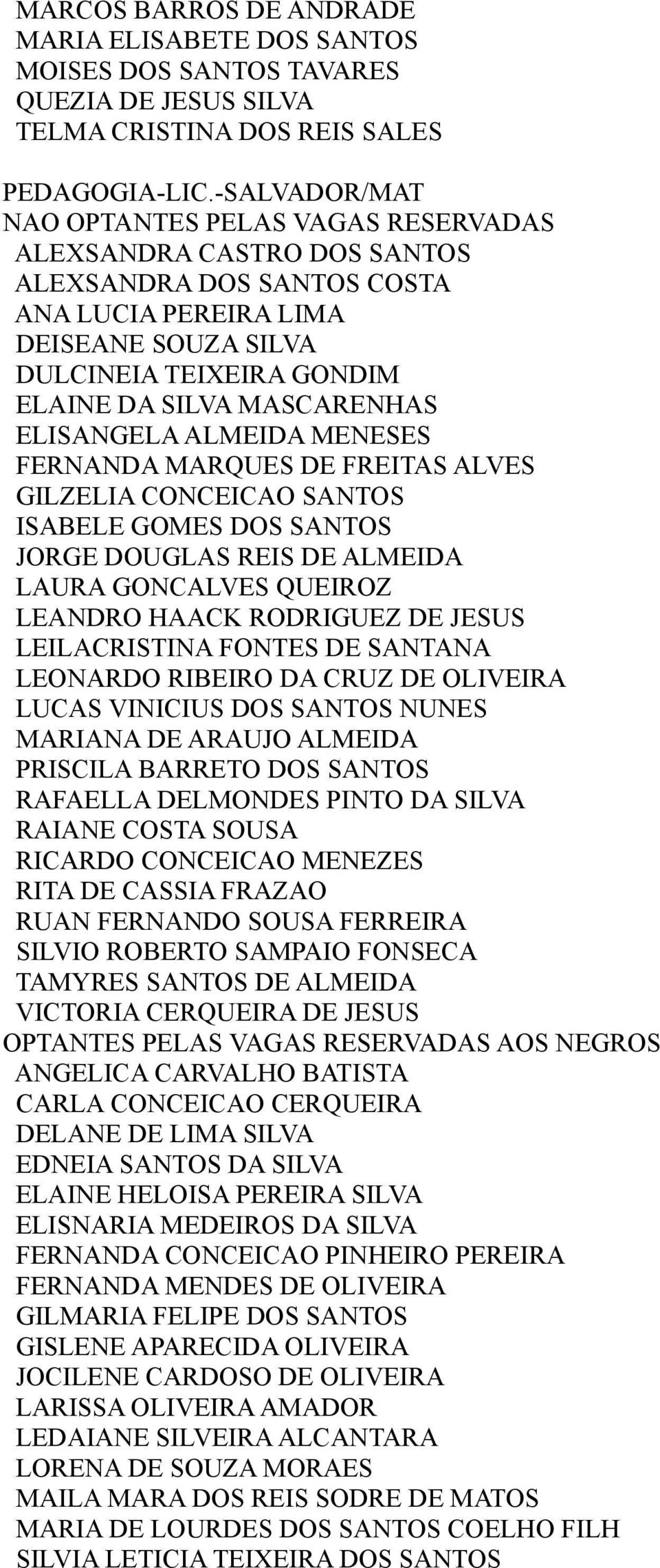 FERNANDA MARQUES DE FREITAS ALVES GILZELIA CONCEICAO SANTOS ISABELE GOMES DOS SANTOS JORGE DOUGLAS REIS DE ALMEIDA LAURA GONCALVES QUEIROZ LEANDRO HAACK RODRIGUEZ DE JESUS LEILACRISTINA FONTES DE