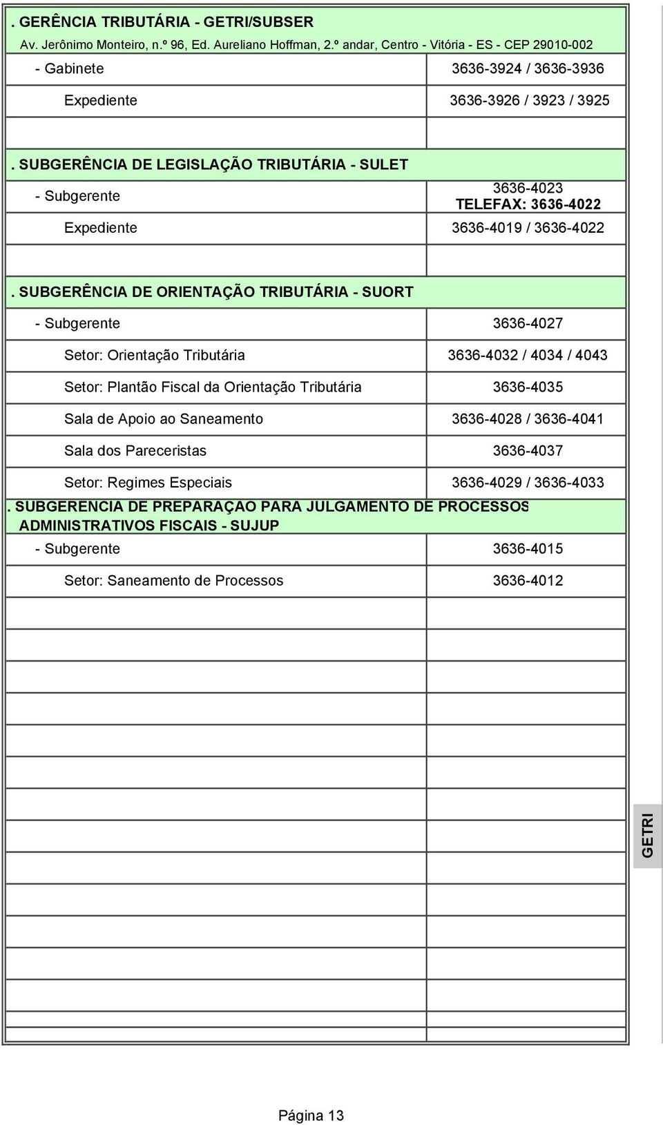 SUBGERÊNCIA DE LEGISLAÇÃO TRIBUTÁRIA - SULET 3636-4023 TELEFAX: 3636-4022 Expediente 3636-4019 / 3636-4022.