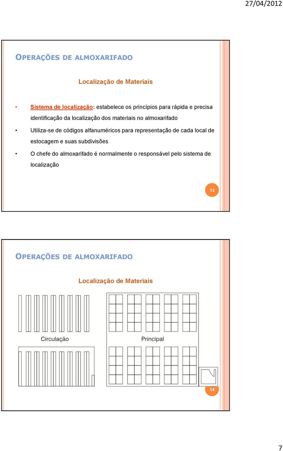 alfanuméricos para representação de cada local de estocagem e suas subdivisões O chefe do almoxarifado é