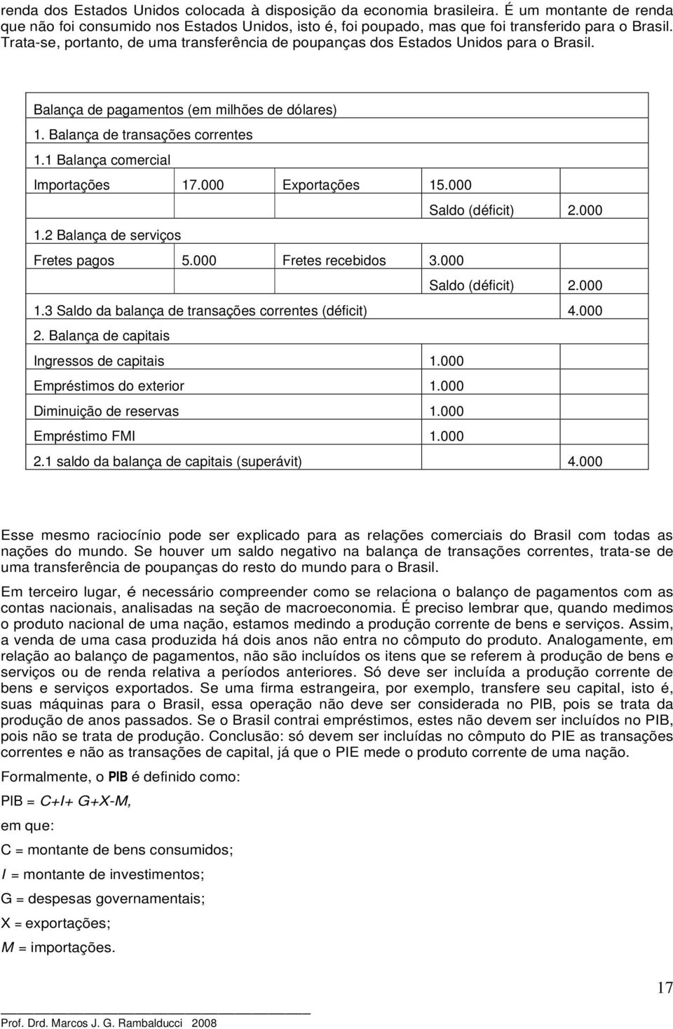 1 Balança comercial Importações 17.000 Exportações 15.000 Saldo (déficit) 2.000 1.2 Balança de serviços Fretes pagos 5.000 Fretes recebidos 3.000 Saldo (déficit) 2.000 1.3 Saldo da balança de transações correntes (déficit) 4.