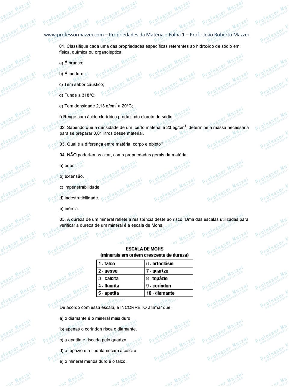 a) É branco; b) É inodoro; c) Tem sabor cáustico; d) Funde a 318 C; e) Tem densidade 2,13 g/cm 3 a 20 C; f) Reage com ácido clorídrico produzindo cloreto de sódio 02.