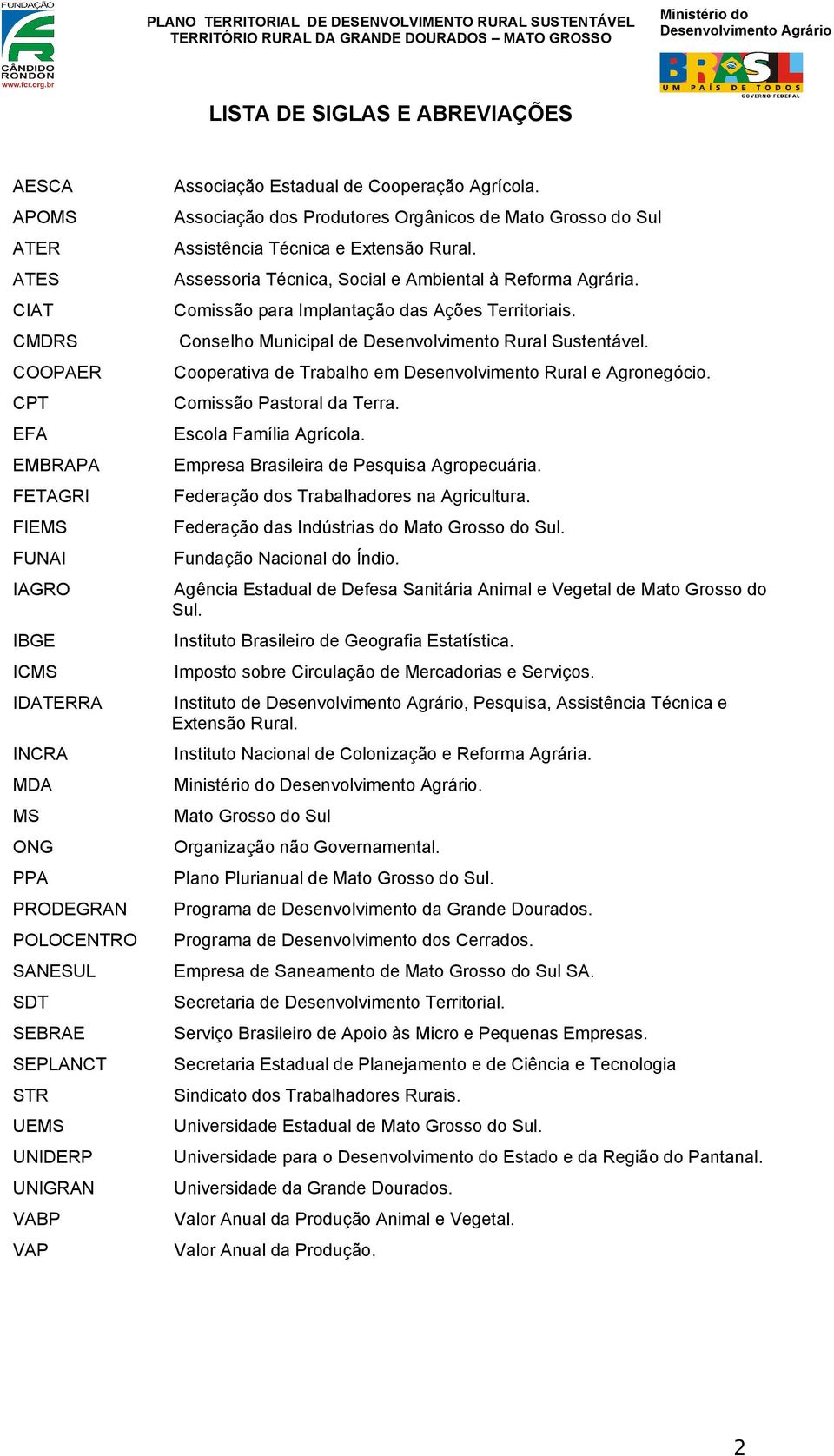 COOPAER CPT EFA EMBRAPA FETAGRI FIEMS FUNAI IAGRO IBGE ICMS IDATERRA INCRA MDA MS ONG PPA PRODEGRAN POLOCENTRO SANESUL SDT SEBRAE SEPLANCT STR UEMS UNIDERP UNIGRAN VABP VAP Cooperativa de Trabalho em