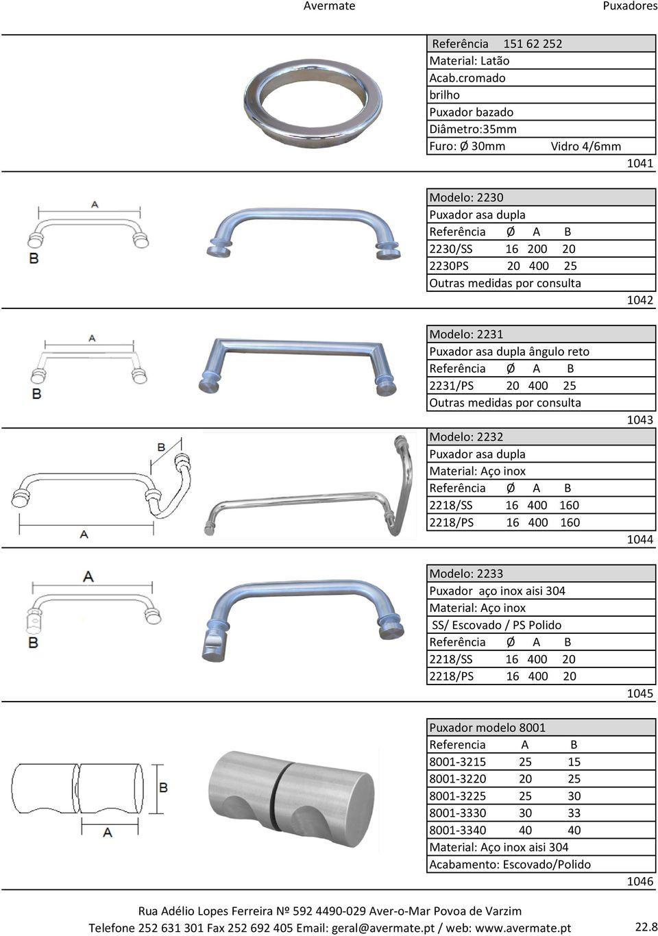 ângulo reto 2231/PS 20 400 25 Outras medidas por consulta Modelo: 2232 Puxador asa dupla Material: Aço inox 2218/SS 16 400 160 2218/PS 16 400 160 Modelo: 2233 Puxador aço inox aisi 304 Material: