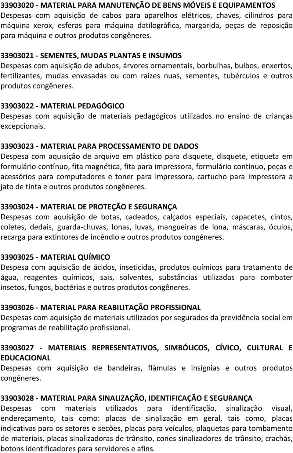 33903021 - SEMENTES, MUDAS PLANTAS E INSUMOS Despesas com aquisição de adubos, árvores ornamentais, borbulhas, bulbos, enxertos, fertilizantes, mudas envasadas ou com raízes nuas, sementes,