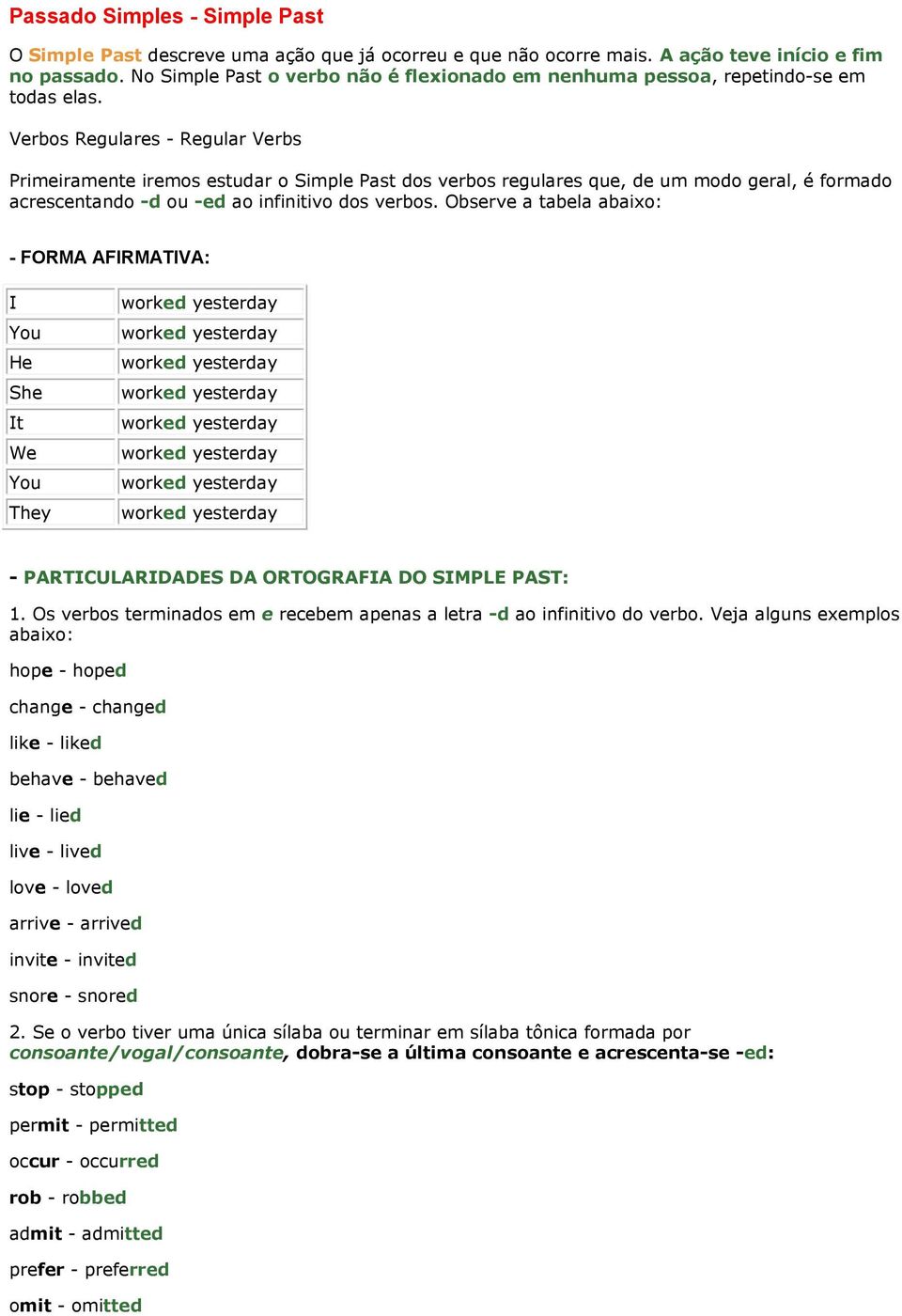 Verbos Regulares - Regular Verbs Primeiramente iremos estudar o Simple Past dos verbos regulares que, de um modo geral, é formado acrescentando -d ou -ed ao infinitivo dos verbos.