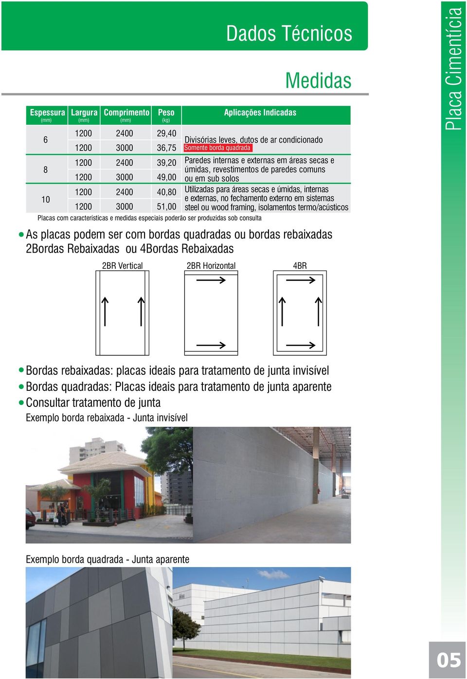 10 e externas, no fechamento externo em sistemas 1200 3000 51,00 steel ou wood framing, isolamentos termo/acústicos Placas com características e medidas especiais poderão ser produzidas sob consulta