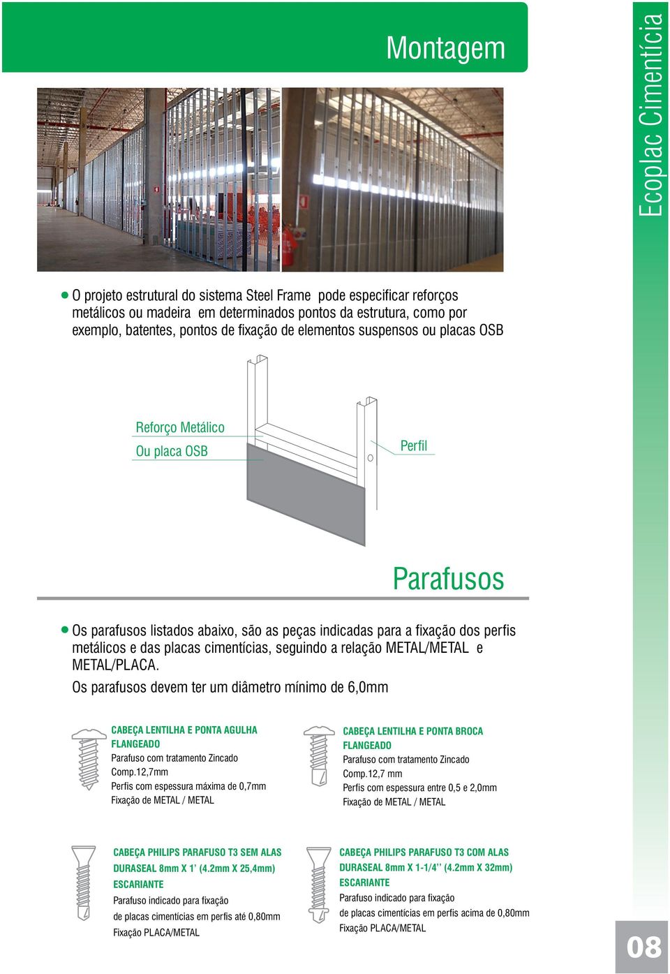 relação METAL/METAL e METAL/PLACA. Os parafusos devem ter um diâmetro mínimo de 6,0mm CABEÇA LENTILHA E PONTA AGULHA FLANGEADO Parafuso com tratamento Zincado Comp.