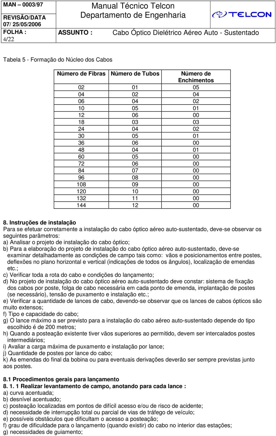 Instruções de instalação Para se efetuar corretamente a instalação do cabo óptico aéreo auto-sustentado, deve-se observar os seguintes parâmetros: a) Analisar o projeto de instalação do cabo óptico;