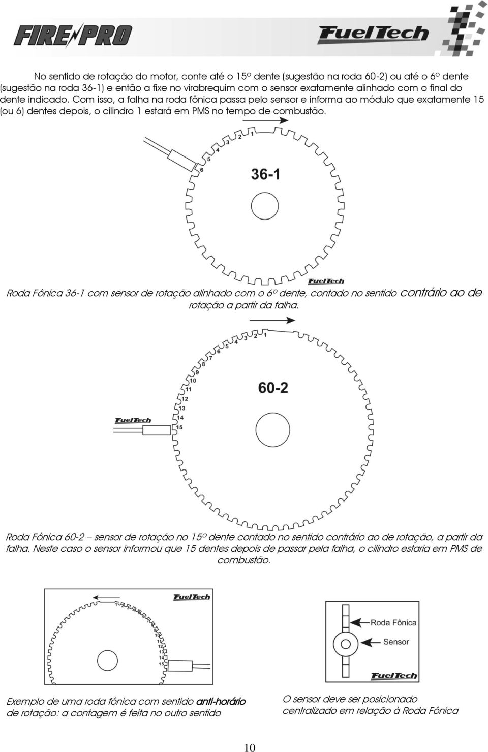 Roda Fônica 36-1 com sensor de rotação alinhado com o 6º dente, contado no sentido contrário ao de rotação a partir da falha.