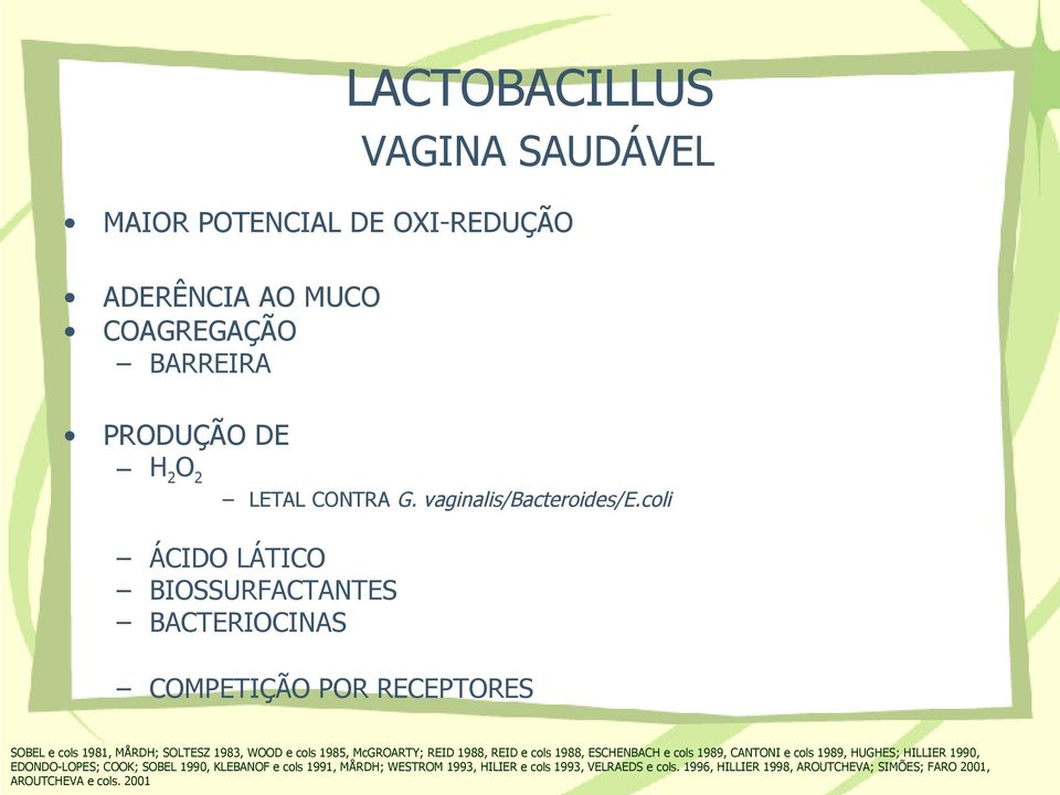 coli ÁCIDO LÁTICO BIOSSURFACTANTES BACTERIOCINAS COMPETIÇÃO POR RECEPTORES SOBEL e cols 1981, MÅRDH; SOLTESZ 1983, WOOD e cols 1985, McGROARTY;