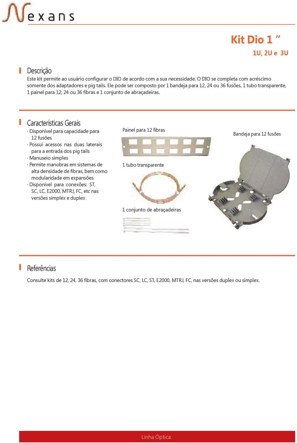 Disponível para capacidade para 12 fusões Possui acessos nas duas laterais para a entrada dos pig tails Manuseio simples Permite manobras em sistemas de alta densidade de fibras, bem como