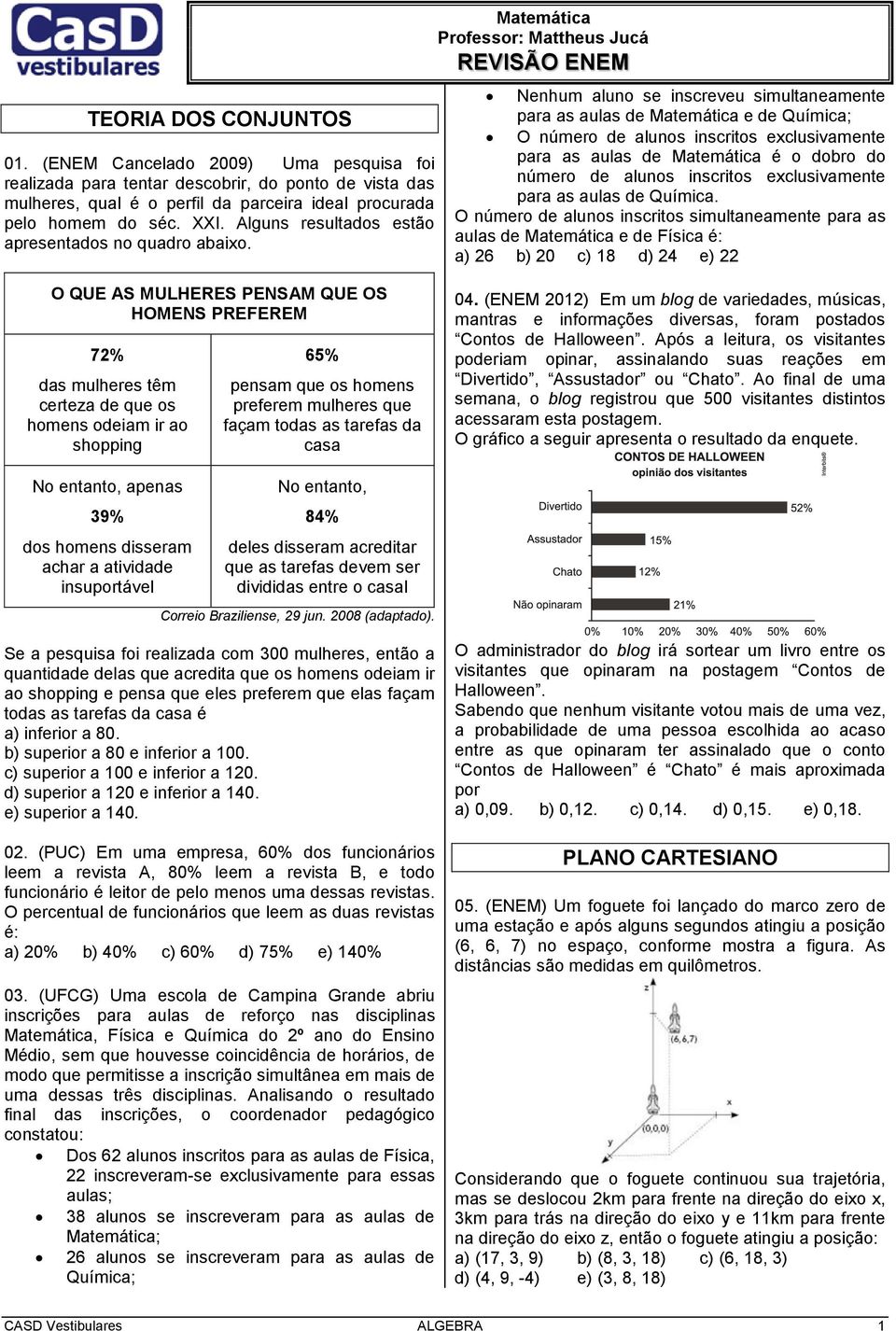 Matemática Professor: Mattheus Jucá REVISÃO ENEM Nenhum aluno se inscreveu simultaneamente para as aulas de Matemática e de Química; O número de alunos inscritos exclusivamente para as aulas de