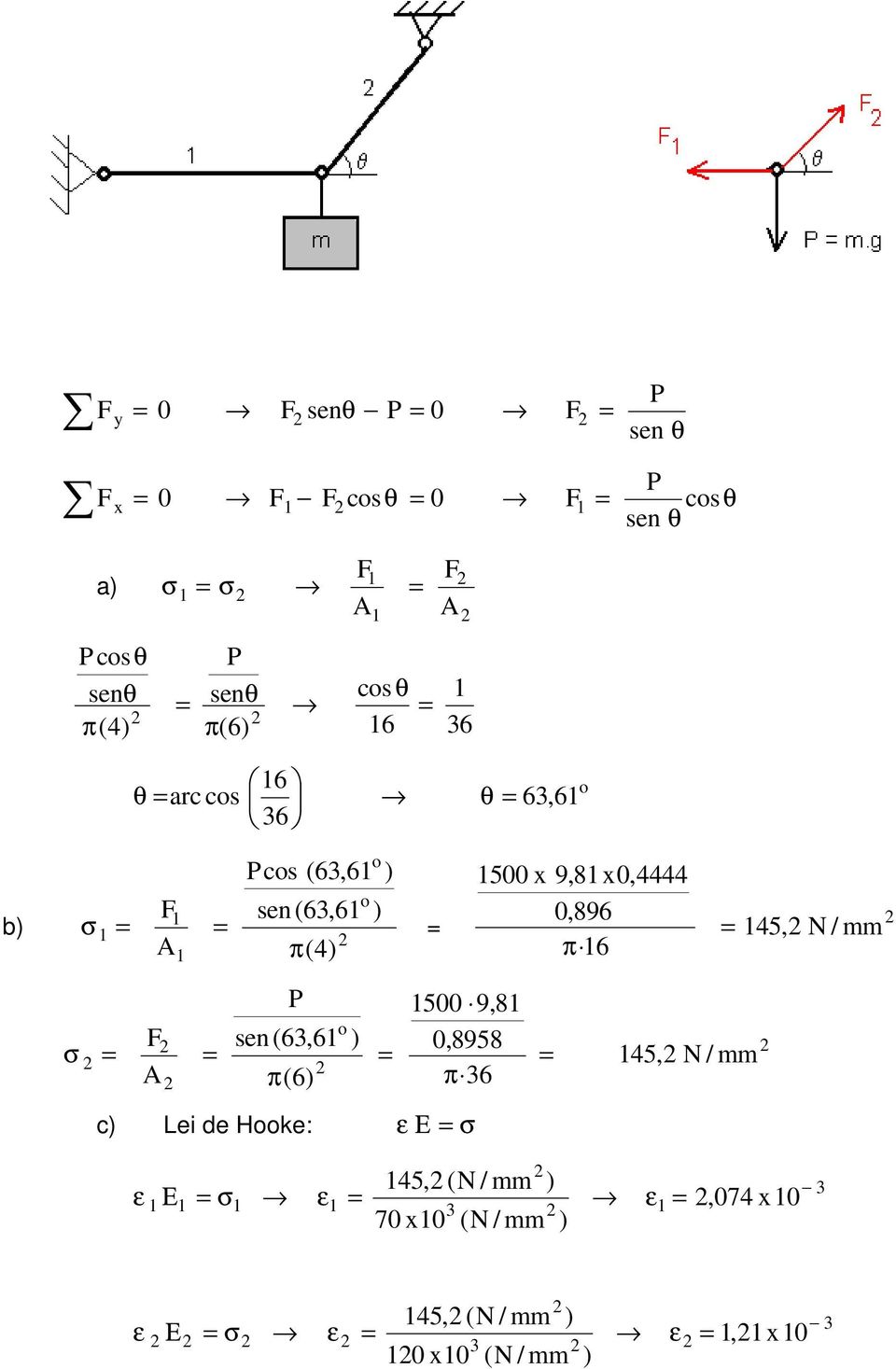 9,81 0,8958 π c) Lei de Hooke: ε Ε 1500 x 9,81 x0, 0,89 π 1 15, N / mm 15, N / mm ε, (N