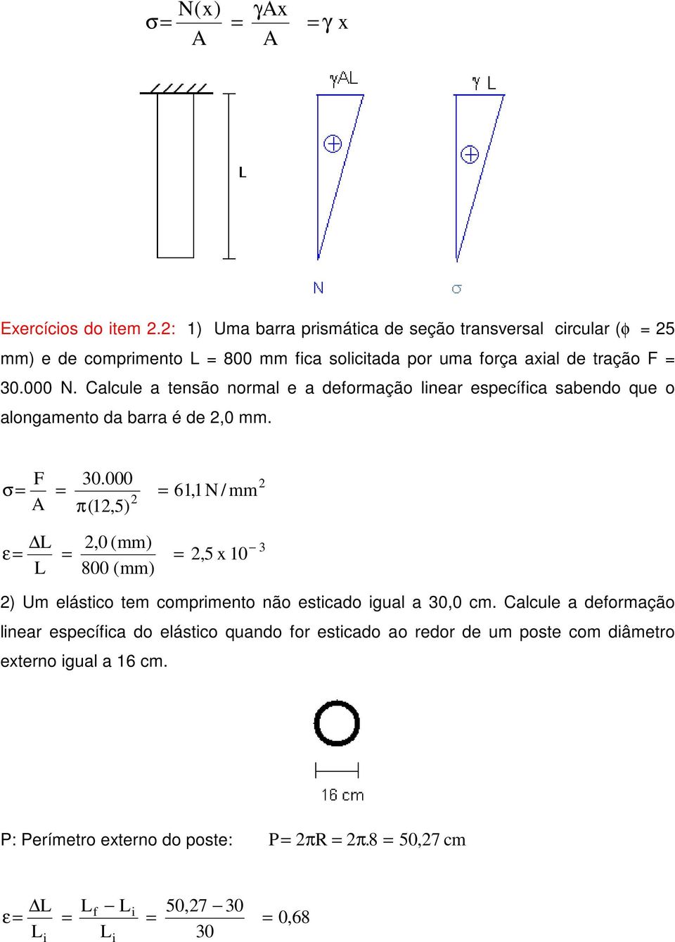 Calcule a tensão normal e a deformação linear específica sabendo que o alongamento da barra é de,0 mm. 0.