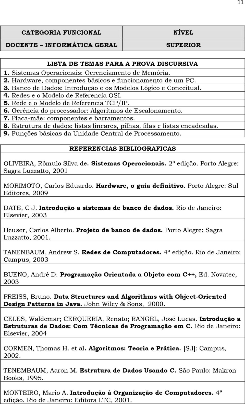 Placa-mãe: componentes e barramentos. 8. Estrutura de dados: listas lineares, pilhas, filas e listas encadeadas. 9. Funções básicas da Unidade Central de Processamento. OLIVEIRA, Rômulo Silva de.