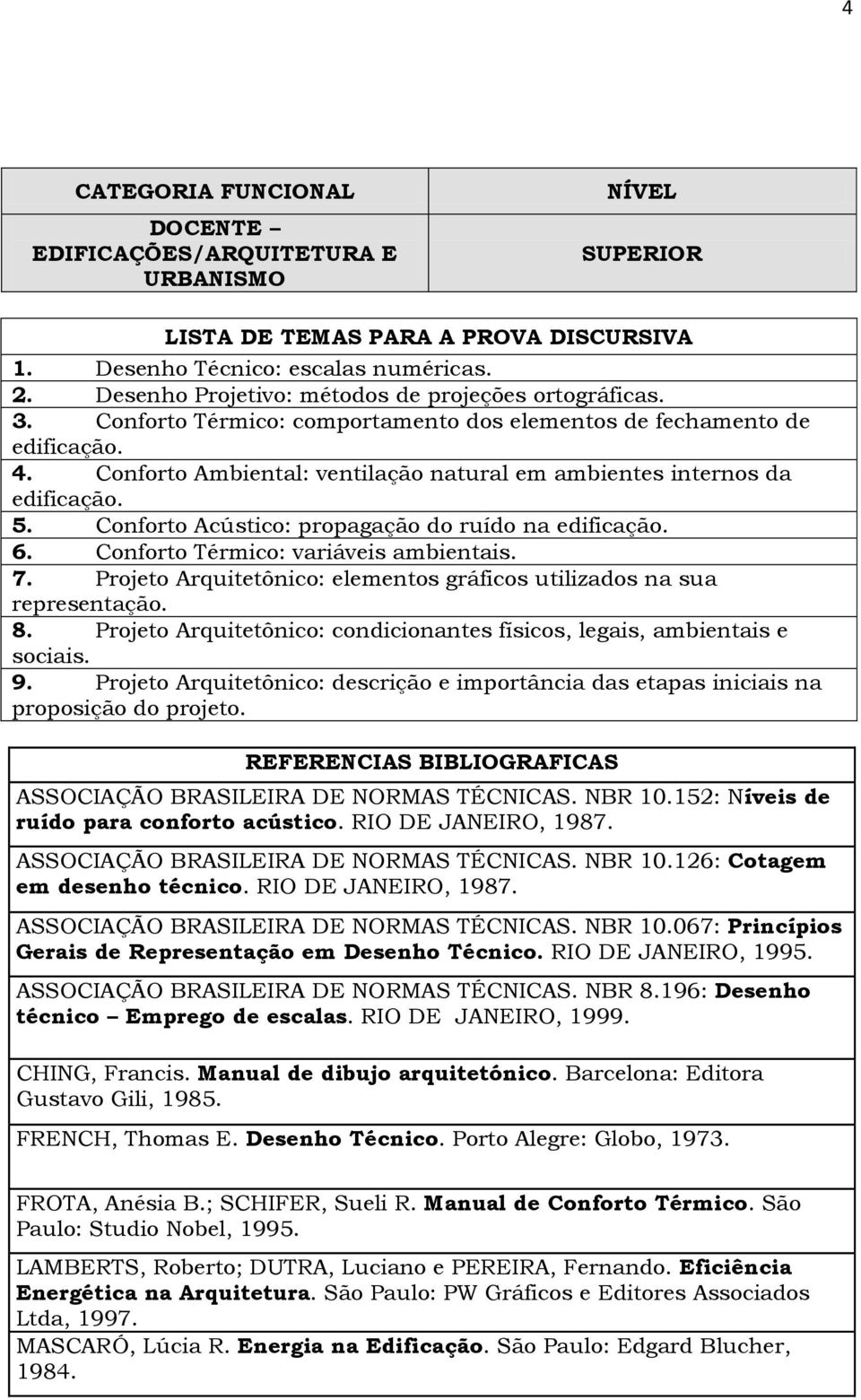 Conforto Acústico: propagação do ruído na edificação. 6. Conforto Térmico: variáveis ambientais. 7. Projeto Arquitetônico: elementos gráficos utilizados na sua representação. 8.