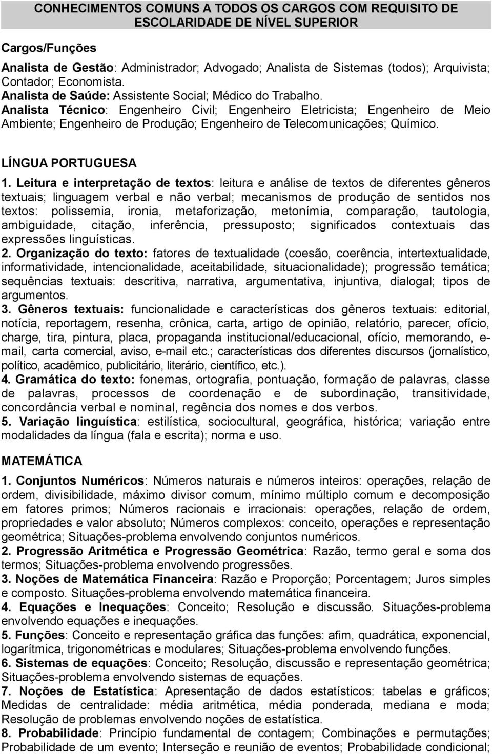 Analista Técnico: Engenheiro Civil; Engenheiro Eletricista; Engenheiro de Meio Ambiente; Engenheiro de Produção; Engenheiro de Telecomunicações; Químico. LÍNGUA PORTUGUESA 1.