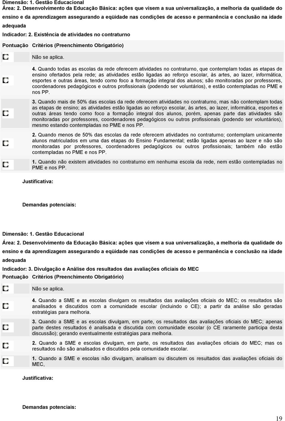 na idade adequada Indicador: 2. Existência de atividades no contraturno 4.