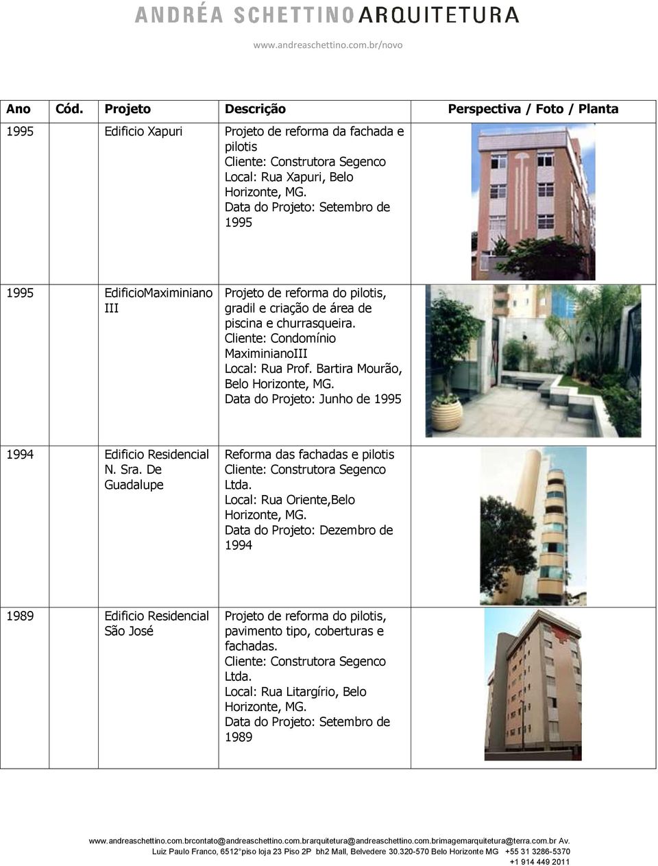 Bartira Mourão, Belo Data do Projeto: Junho de 1995 1994 Edificio Residencial N. Sra. De Guadalupe Reforma das fachadas e pilotis Cliente: Construtora Segenco Ltda.