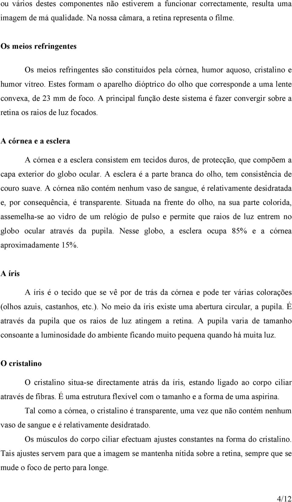 Estes formam o aparelho dióptrico do olho que corresponde a uma lente convexa, de 23 mm de foco. A principal função deste sistema é fazer convergir sobre a retina os raios de luz focados.