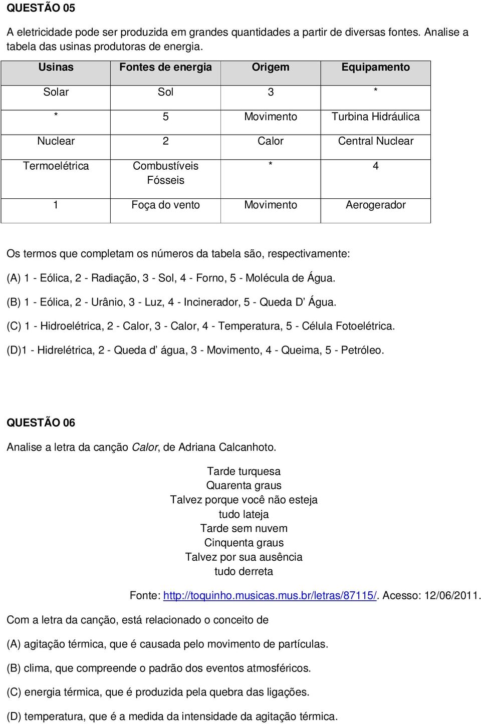 Os termos que completam os números da tabela são, respectivamente: (A) 1 - Eólica, 2 - Radiação, 3 - Sol, 4 - Forno, 5 - Molécula de Água.