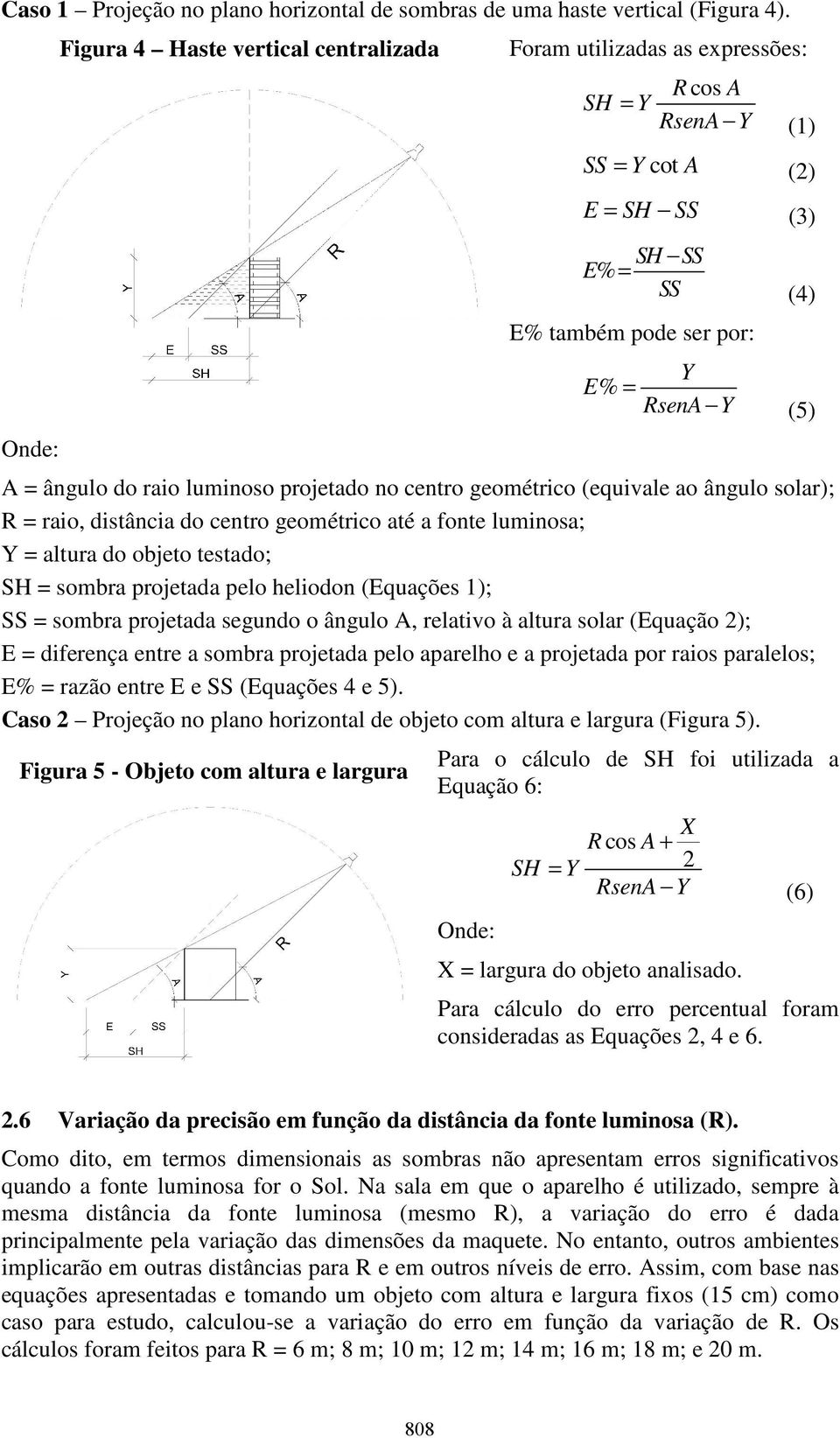 ângulo do raio luminoso projetado no centro geométrico (equivale ao ângulo solar); R = raio, distância do centro geométrico até a fonte luminosa; Y = altura do objeto testado; SH = sombra projetada