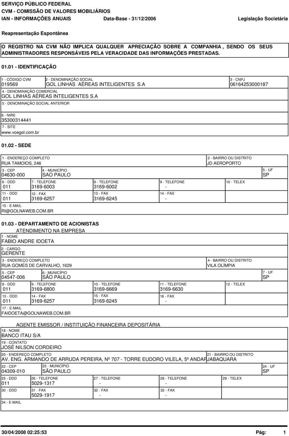 A 5 - DENOMINAÇÃO SOCIAL ANTERIOR 6 - NIRE 35300314441 7 - SITE www.voegol.com.br 01.