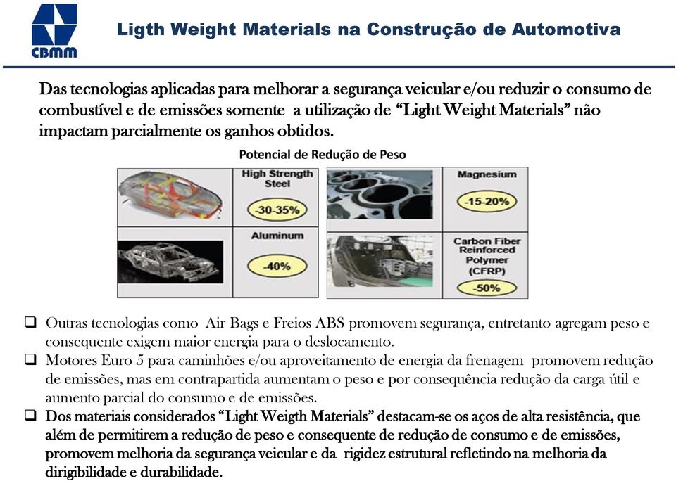 Potencial de Redução de Peso Outras tecnologias como Air Bags e Freios ABS promovem segurança, entretanto agregam peso e consequente exigem maior energia para o deslocamento.