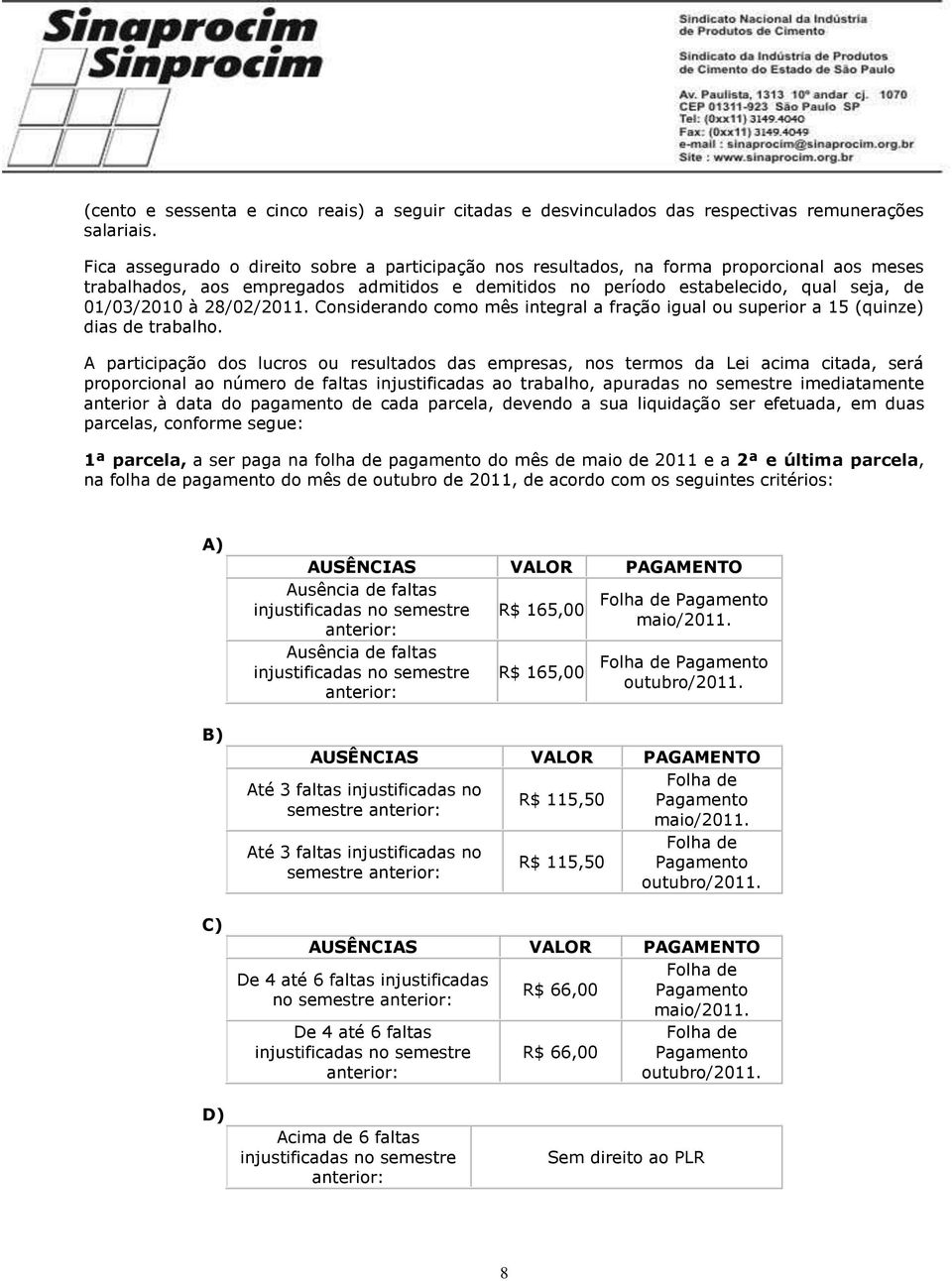 28/02/2011. Considerando como mês integral a fração igual ou superior a 15 (quinze) dias de trabalho.