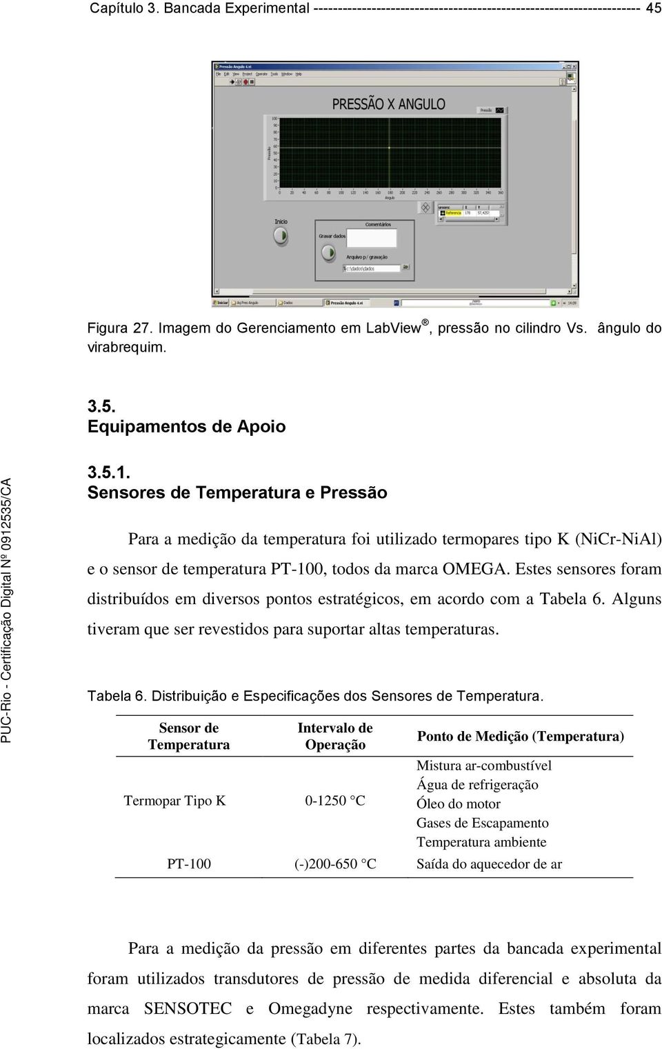 Estes sensores foram distribuídos em diversos pontos estratégicos, em acordo com a Tabela 6. Alguns tiveram que ser revestidos para suportar altas temperaturas. Tabela 6. Distribuição e Especificações dos Sensores de Temperatura.