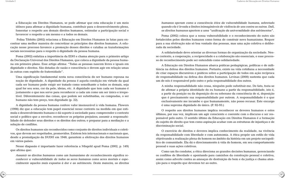 Felisa Tibbitts (2002) relaciona a Educação em Direitos Humanos às lutas para encontrar uma melhor maneira de concretizar os princípios dos direitos humanos.