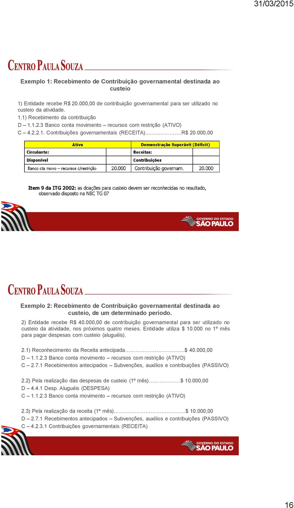 000,00 Exemplo 2: Recebimento de Contribuição governamental destinada ao custeio, de um determinado período. 2) Entidade recebe R$ 40.