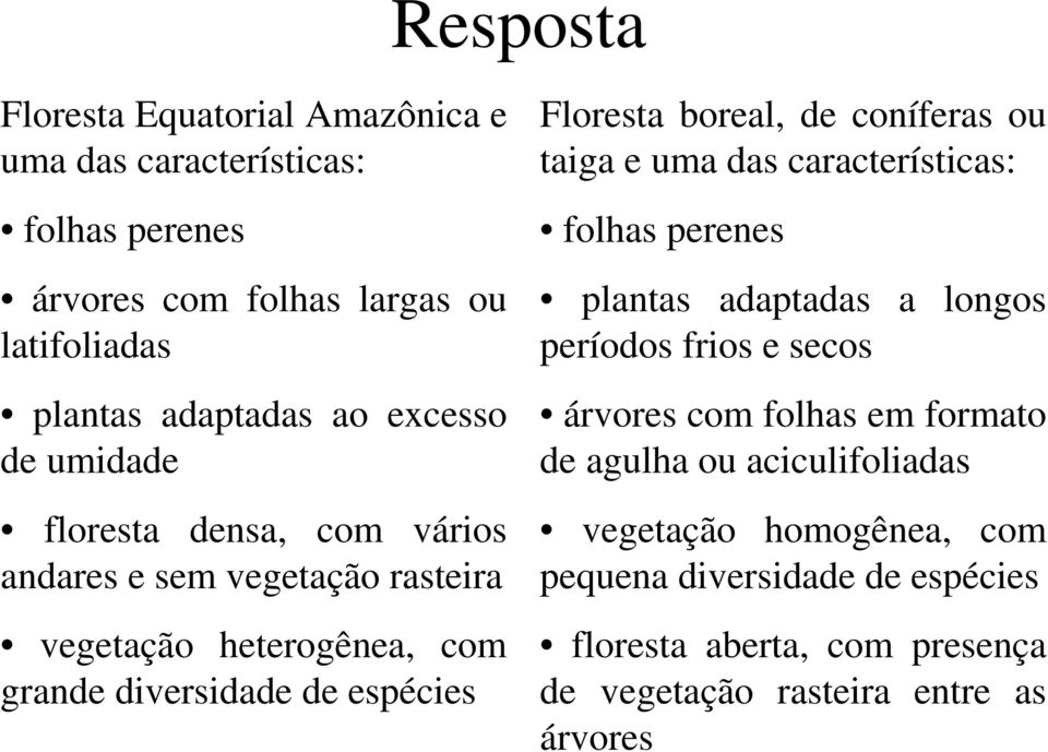 boreal, de coníferas ou taiga e uma das características: folhas perenes plantas adaptadas a longos períodos frios e secos árvores com folhas em