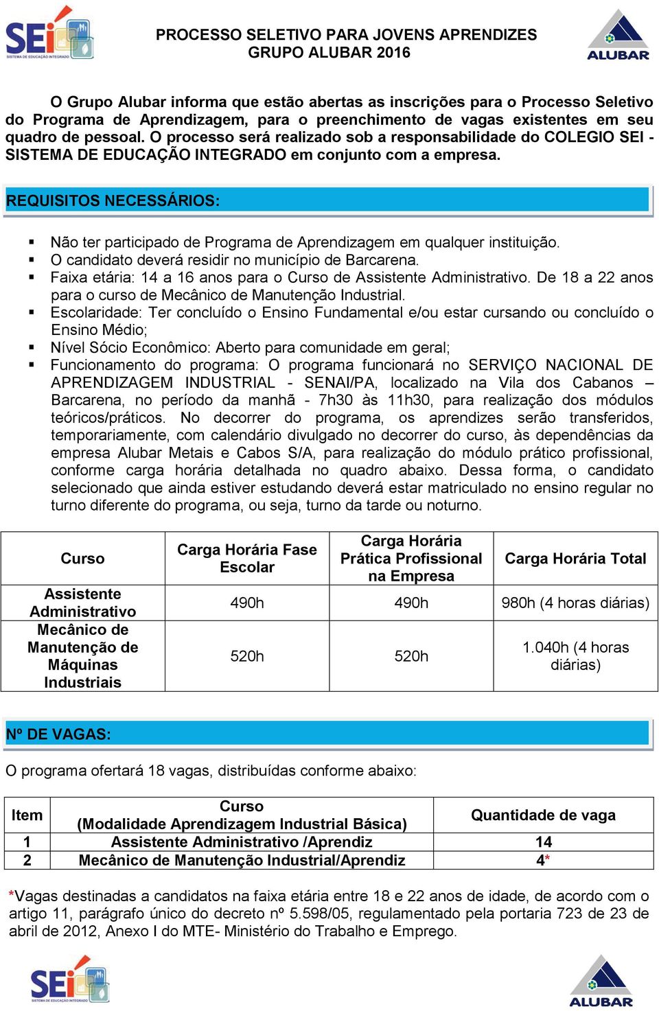 REQUISITOS NECESSÁRIOS: Não ter participado de Programa de Aprendizagem em qualquer instituição. O candidato deverá residir no município de Barcarena.