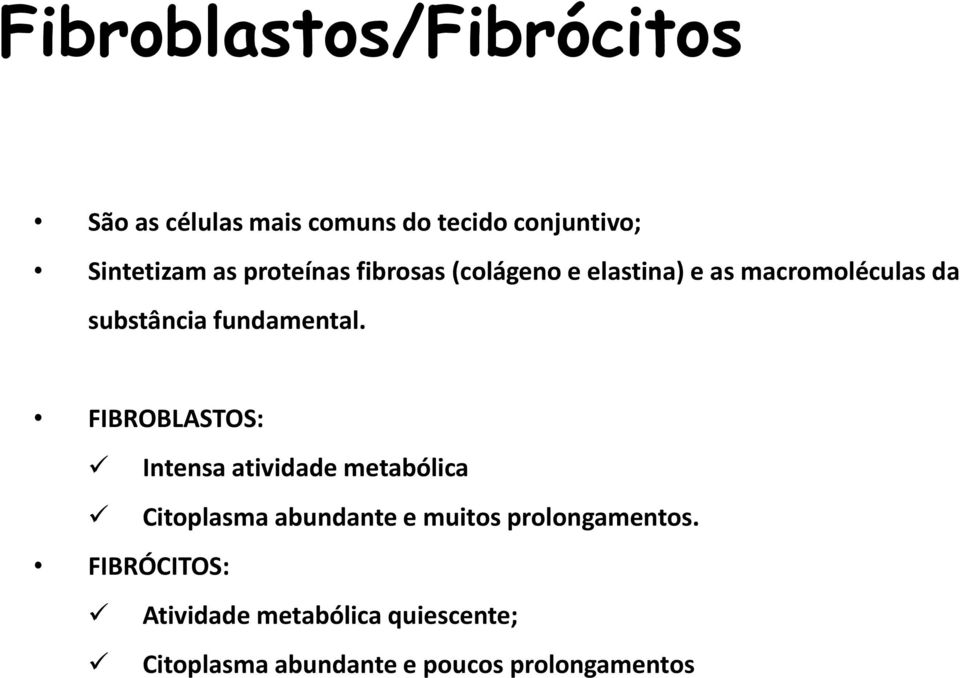 FIBROBLASTOS: Intensa atividade metabólica Citoplasma abundante e muitos prolongamentos.