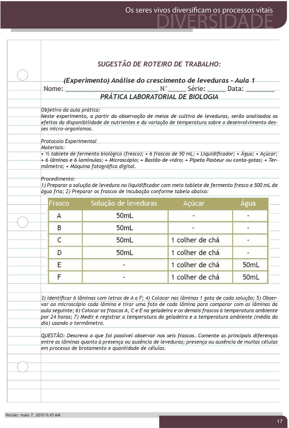 Protocolo Experimental Materiais: ½ tablete de fermento biológico (fresco); 6 frascos de 50 ml; Liquidificador; Água; Açúcar; 6 lâminas e 6 lamínulas; Microscópio; Bastão de vidro; Pipeta Pasteur ou